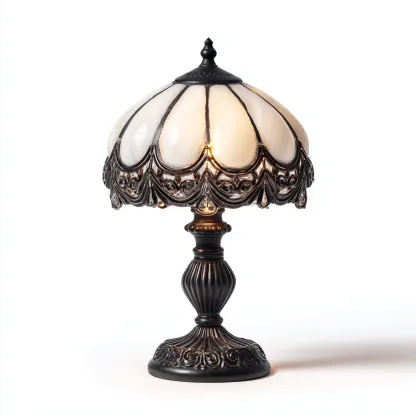 Tischlampe Glas und Metall 24x24x38 cm - weiß/bronze - klassischer Tiffany-Stil mit floraler Struktur-Spaceova