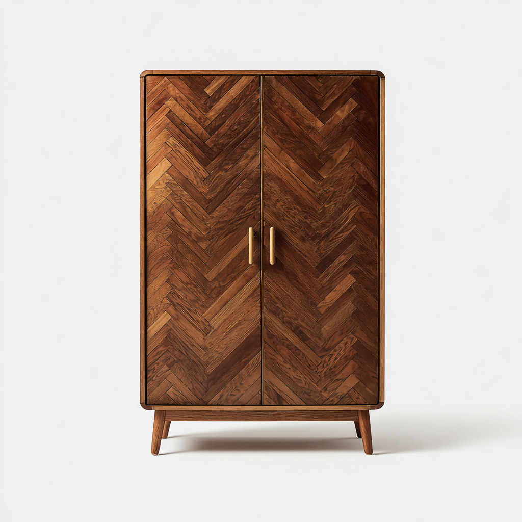 Kleiderschrank Massivholz 105x55x185 cm - dunkelbraun - modernes Fischgräten-Design mit Messinggriffen-Spaceova