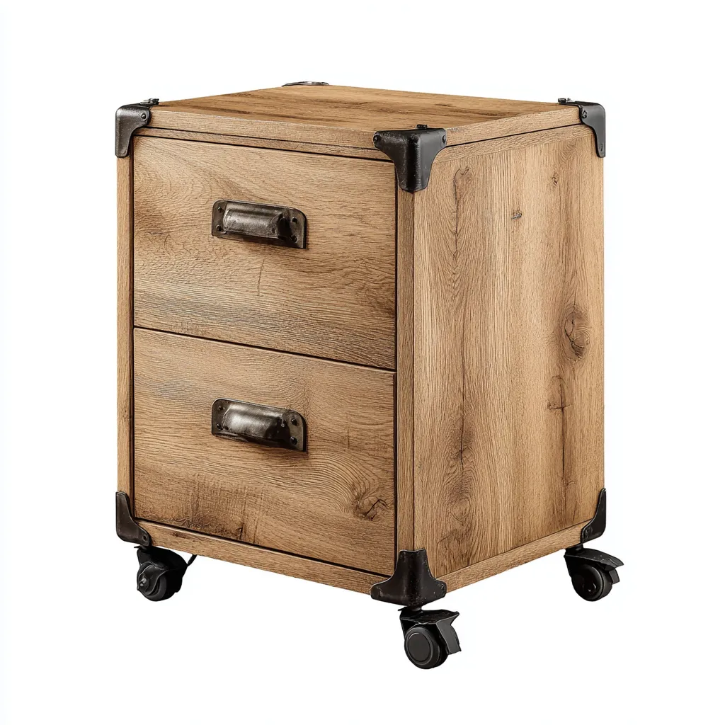 Aktenschrank aus Holz und Metall 45x50x70 cm - eichenfarben/schwarz - mit zwei Schubladen und Rollen im industriellen Design-Spaceova