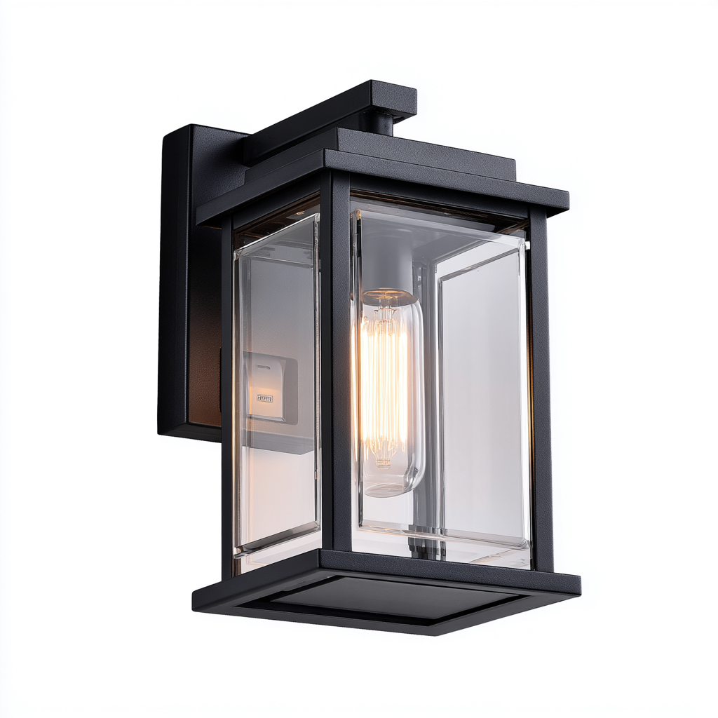 Wandleuchte Metall und Glas 18x20x32 cm - schwarz - modernes Design mit klaren Linien für Außenbereich-Spaceova