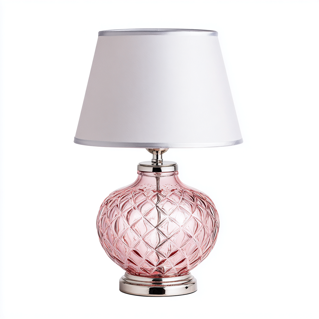 Tischlampe Glas 28x28x48 cm - rosa/weiß - mit Stoffschirm und verchromtem Sockel