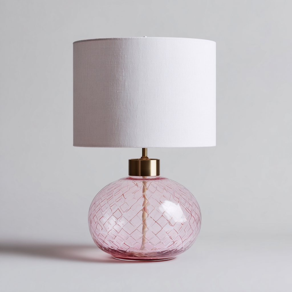 Tischlampe Glas 30x30x52 cm - rosa/weiß - mit Stoffschirm und rundem Glasfuß