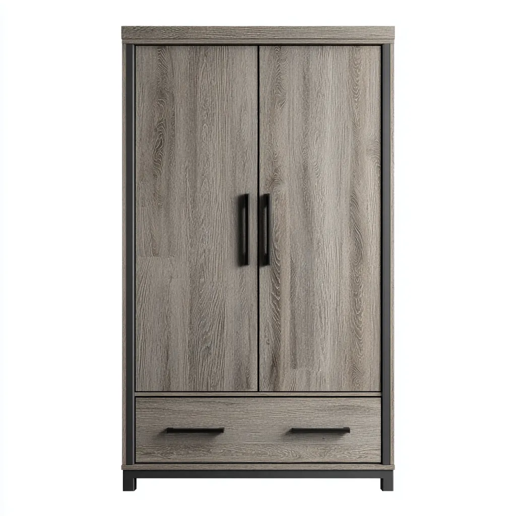 Kleiderschrank Holzoptik mit Doppeltüren und Schublade 90x50x185 cm - Grau - Modernes Industriedesign mit Metallrahmen-Spaceova