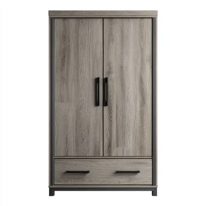 Kleiderschrank Holzoptik mit Doppeltüren und Schublade 90x50x185 cm - Grau - Modernes Industriedesign mit Metallrahmen-Spaceova