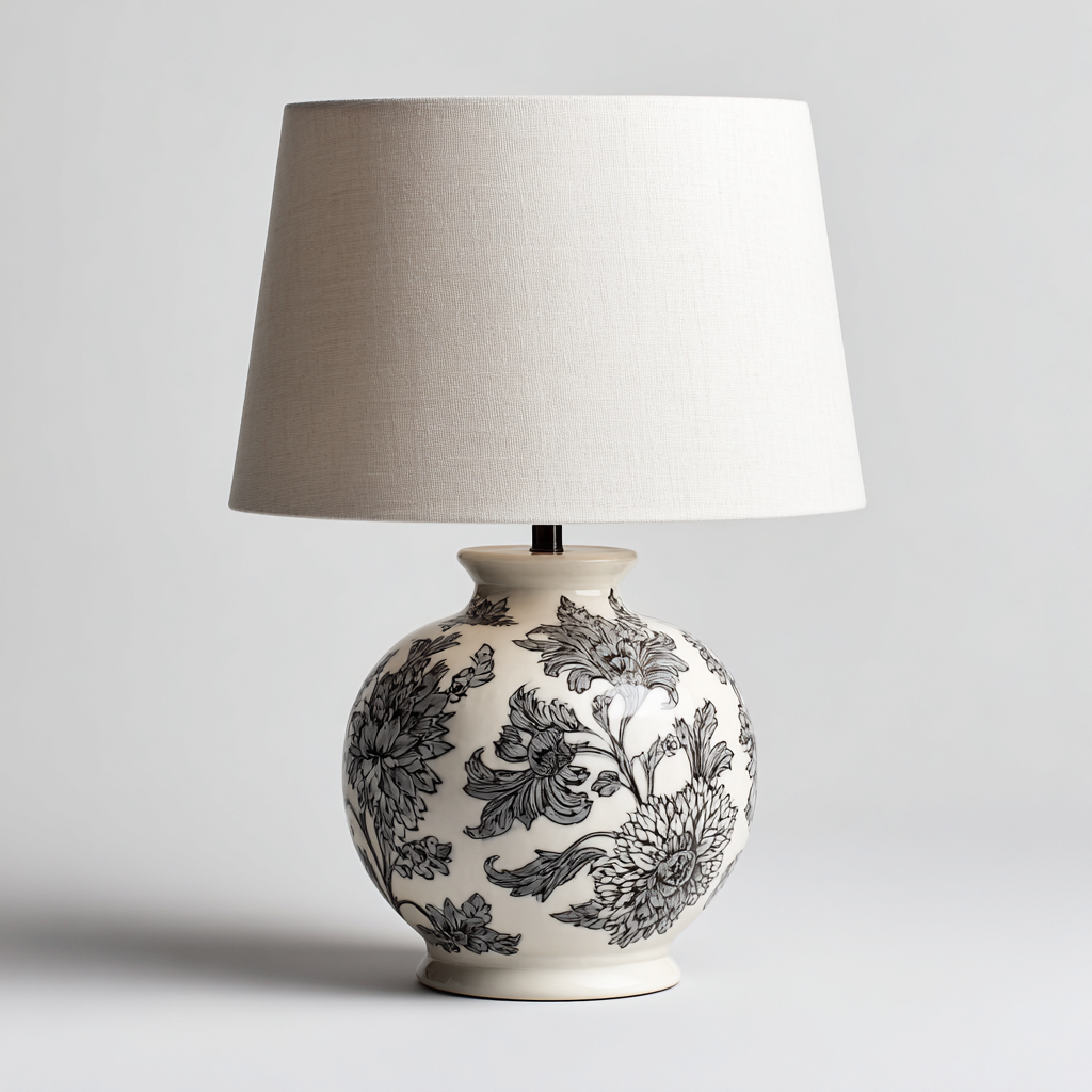 Tischlampe Keramik 32x32x55 cm - weiß/schwarz - mit Stoffschirm und Blumenmuster