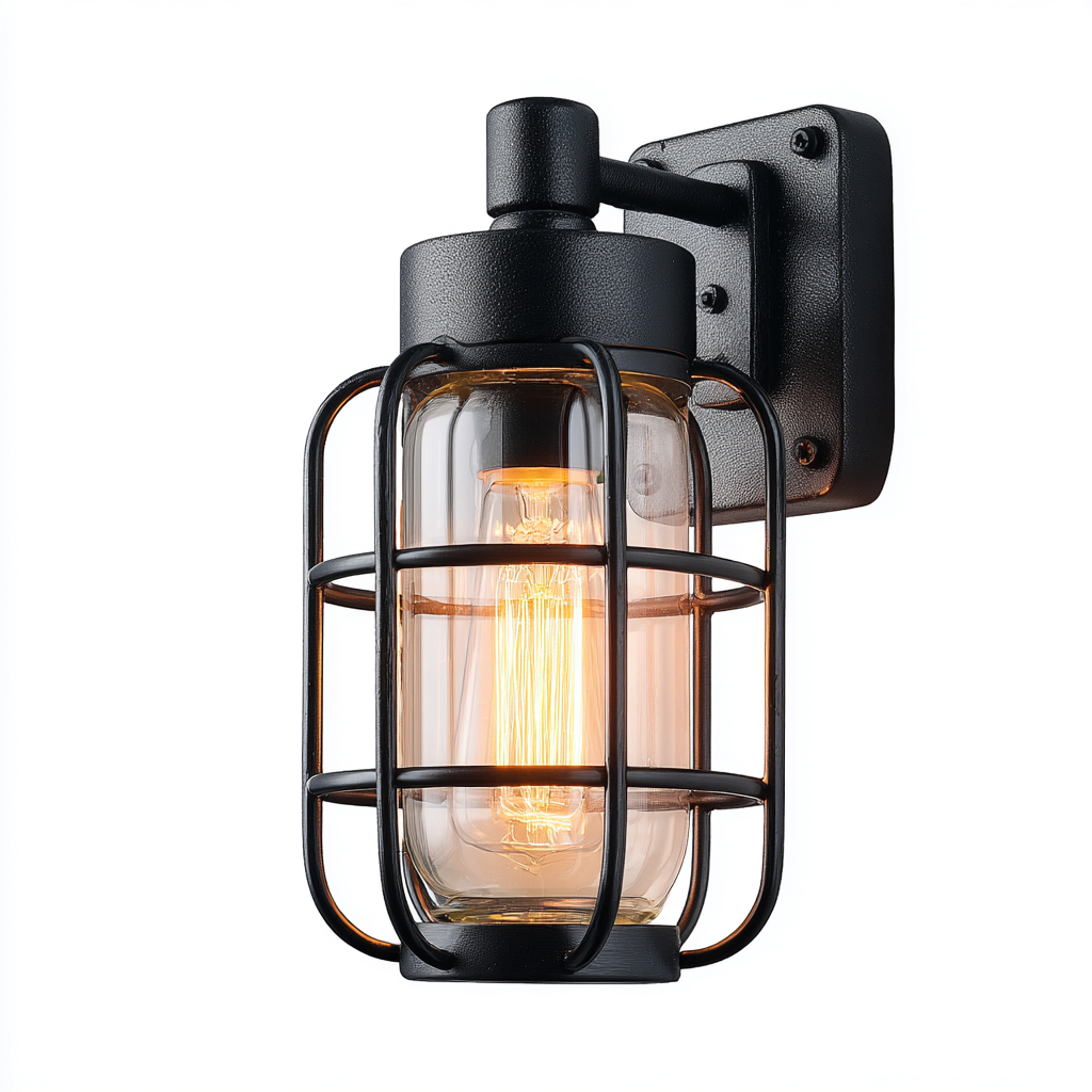 Wandleuchte Metall und Glas 15x18x28 cm - schwarz - industrielles Design mit Schutzkäfig