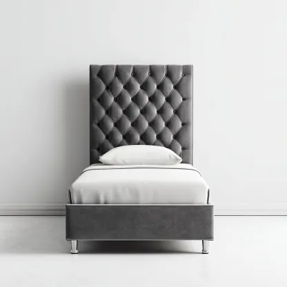 Einzelbett Samt 200x90x120 cm - dunkelgrau - elegantes Design mit gestepptem Kopfteil und Metallfüßen-Spaceova