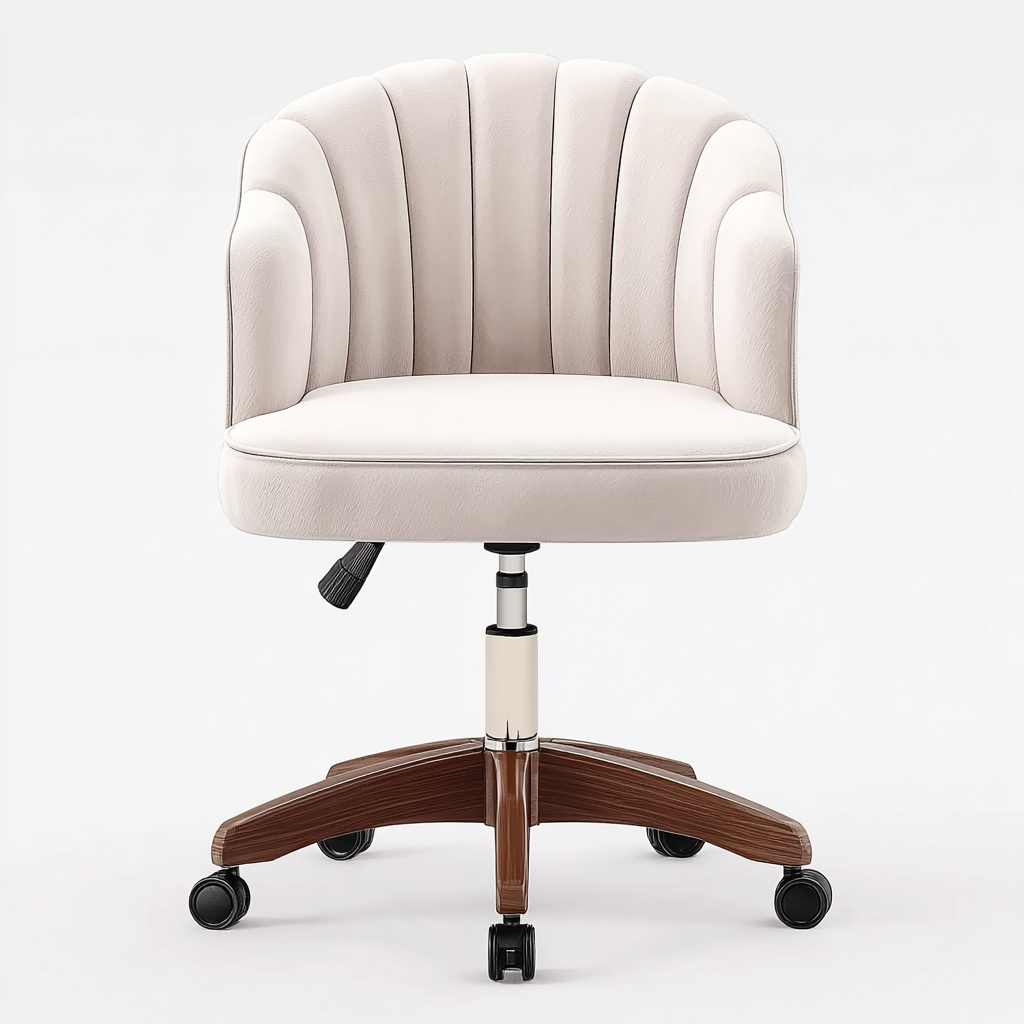 Bürostuhl aus Samt 60x60x82-92 cm - cremeweiß - gepolstert mit Muschelform-Rückenlehne und Holzfuß auf Rollen im eleganten Stil-Spaceova