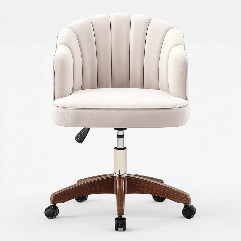 Bürostuhl aus Samt 60x60x82-92 cm - cremeweiß - gepolstert mit Muschelform-Rückenlehne und Holzfuß auf Rollen im eleganten Stil-Spaceova
