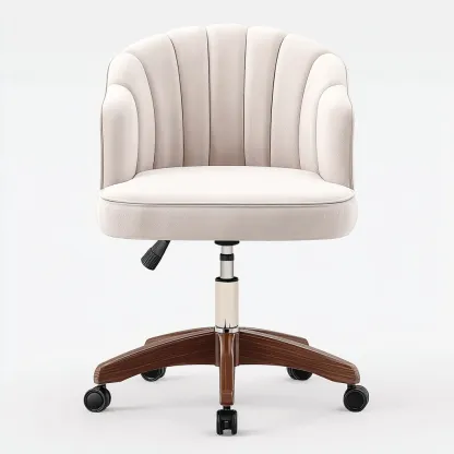 Bürostuhl aus Samt 60x60x82-92 cm - cremeweiß - gepolstert mit Muschelform-Rückenlehne und Holzfuß auf Rollen im eleganten Stil-Spaceova