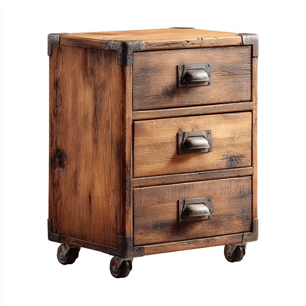 Aktenschrank aus Holz und Metall 45x50x75 cm - naturbraun - mit drei Schubladen und Rollen im industriellen Vintage-Design-Spaceova