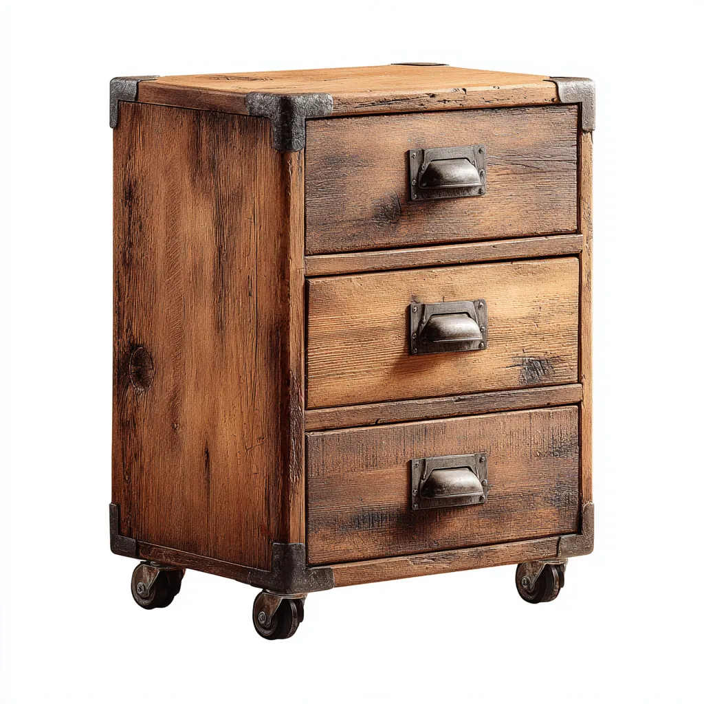 Aktenschrank aus Holz und Metall 45x50x75 cm - naturbraun - mit drei Schubladen und Rollen im industriellen Vintage-Design-Spaceova