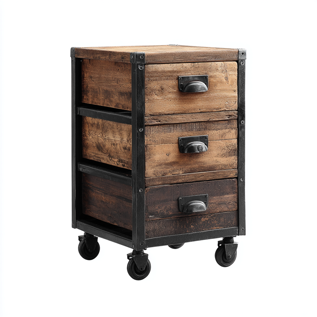 Aktenschrank aus Holz und Metall 45x50x80 cm - natur/schwarz - mit drei Schubladen und Rollen im industriellen Vintage-Design-Spaceova