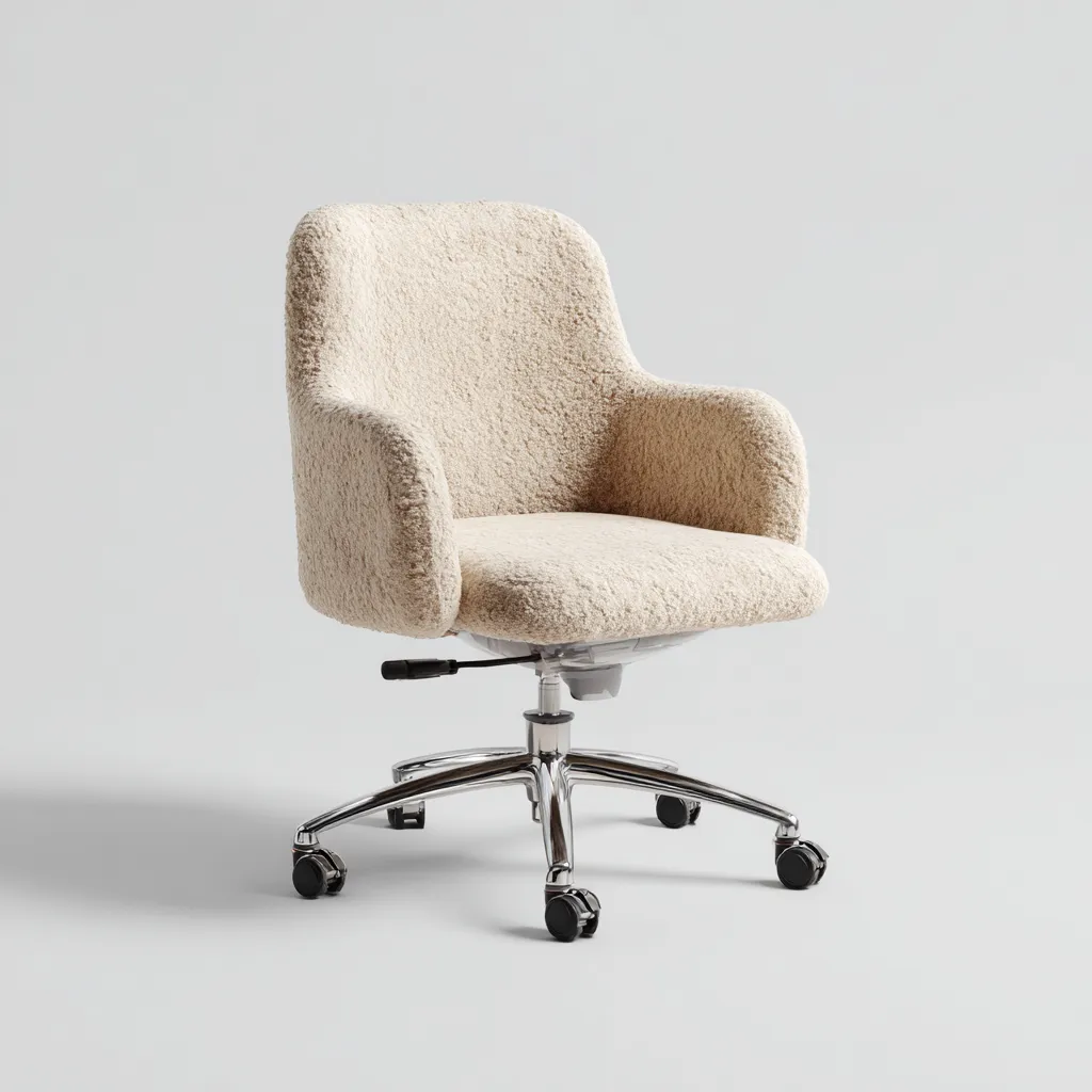 Bürostuhl Kunstfell 66x68x92 cm Creme/Chrom - Mit Armlehnen und Polsterung - Höhenverstellbar und drehbar - Modernes Komfortdesign für Homeoffice oder Büro-Villaare