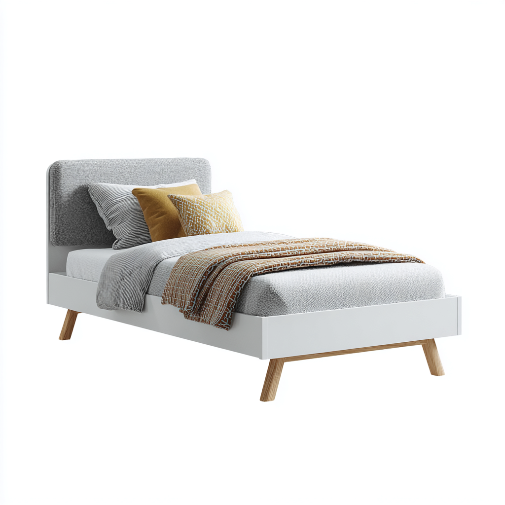 Einzelbett Holzfüße 200x90x90 cm - Weiß/ Hellgrau - Für Schlafzimmer - Modernes skandinavisches Design-Villaare