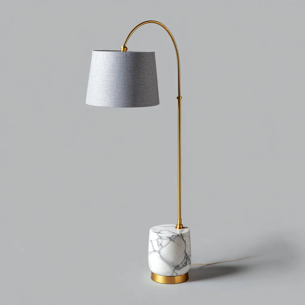 Stehlampe aus Metall und Marmor 155x35 cm - gold/grau/weiß - moderner Bogenstil mit Stoffschirm für Wohnzimmer und Leseecke-Villaare