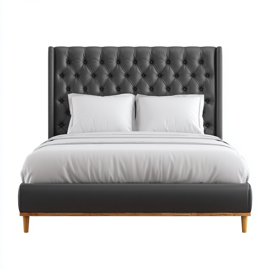 Doppelbett Kunstleder 200x180x95 cm - dunkelgrau - mit gesteppter Rückenlehne und Holzfüßen - modern für Schlafzimmer-Villaare