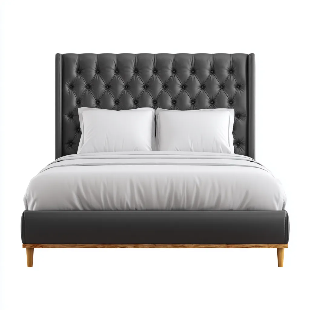 Doppelbett Kunstleder 200x180x95 cm - dunkelgrau - mit gesteppter Rückenlehne und Holzfüßen - modern für Schlafzimmer-Villaare