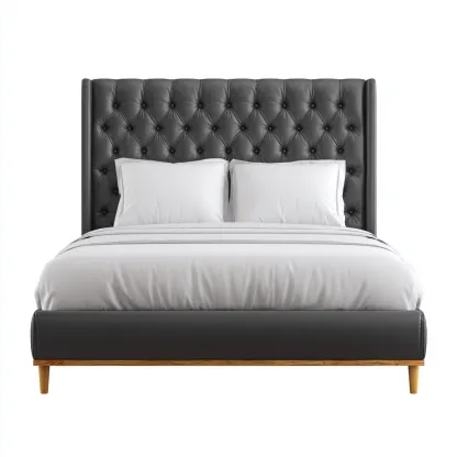 Doppelbett Kunstleder 200x180x95 cm - dunkelgrau - mit gesteppter Rückenlehne und Holzfüßen - modern für Schlafzimmer-Villaare