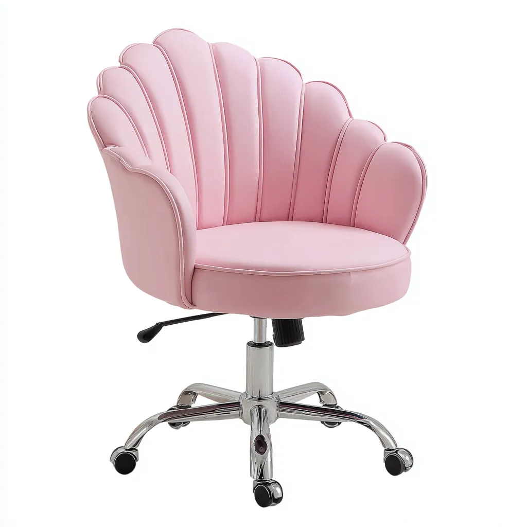 Bürostuhl Kunstleder 60x60x88 cm Rosa/Chrom - Höhenverstellbar und drehbar - Muschelförmige Rückenlehne - Modernes Design für Homeoffice oder Schminktisch-Villaare