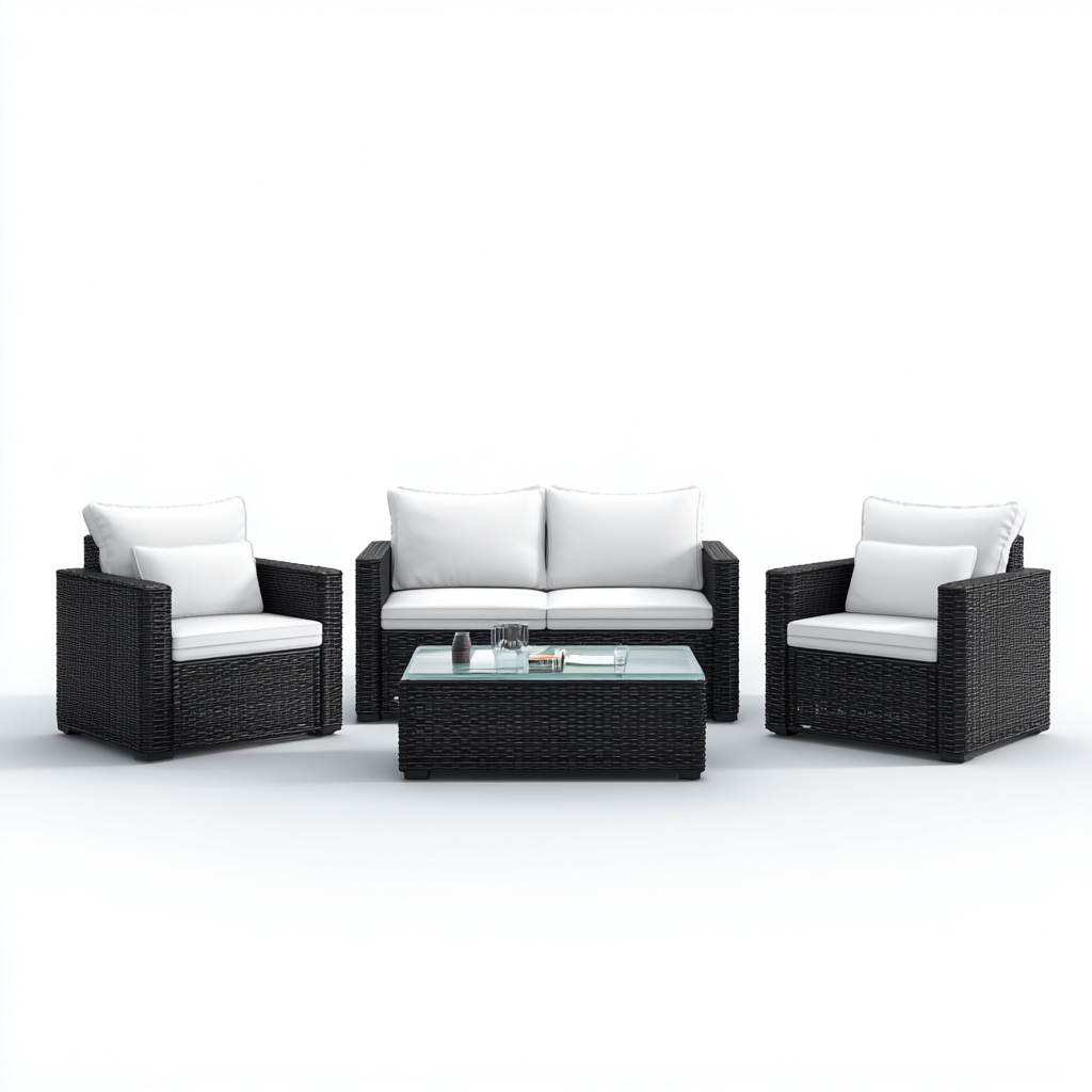 Gartensofa-Set Polyrattan mit Stoffpolsterung 160x75x70 cm - Schwarz/Weiß - Modernes Design für den Außenbereich-Villaare