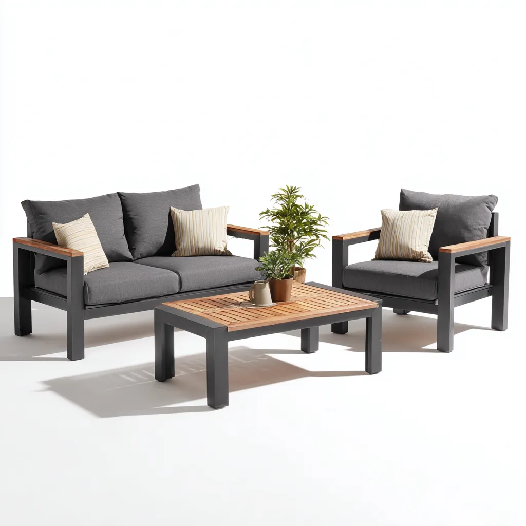 Gartensofa-Set Aluminium mit Holzarmlehnen und Stoffpolsterung 160x75x70 cm - Dunkelgrau - Modernes Design für den Außenbereich-Villaare
