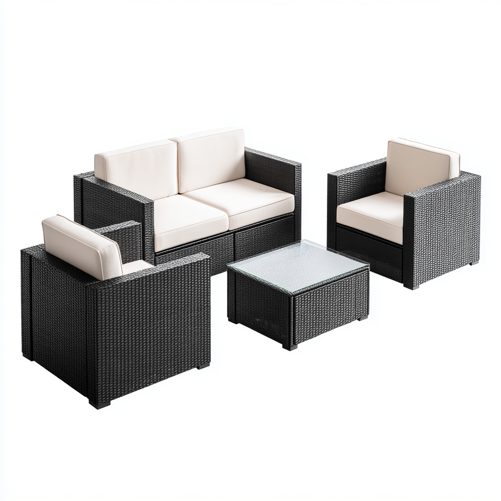 Gartensofa-Set Polyrattan mit Stoffpolsterung 160x75x70 cm - Schwarz/Cremeweiß - Modernes Design für den Außenbereich-Villaare