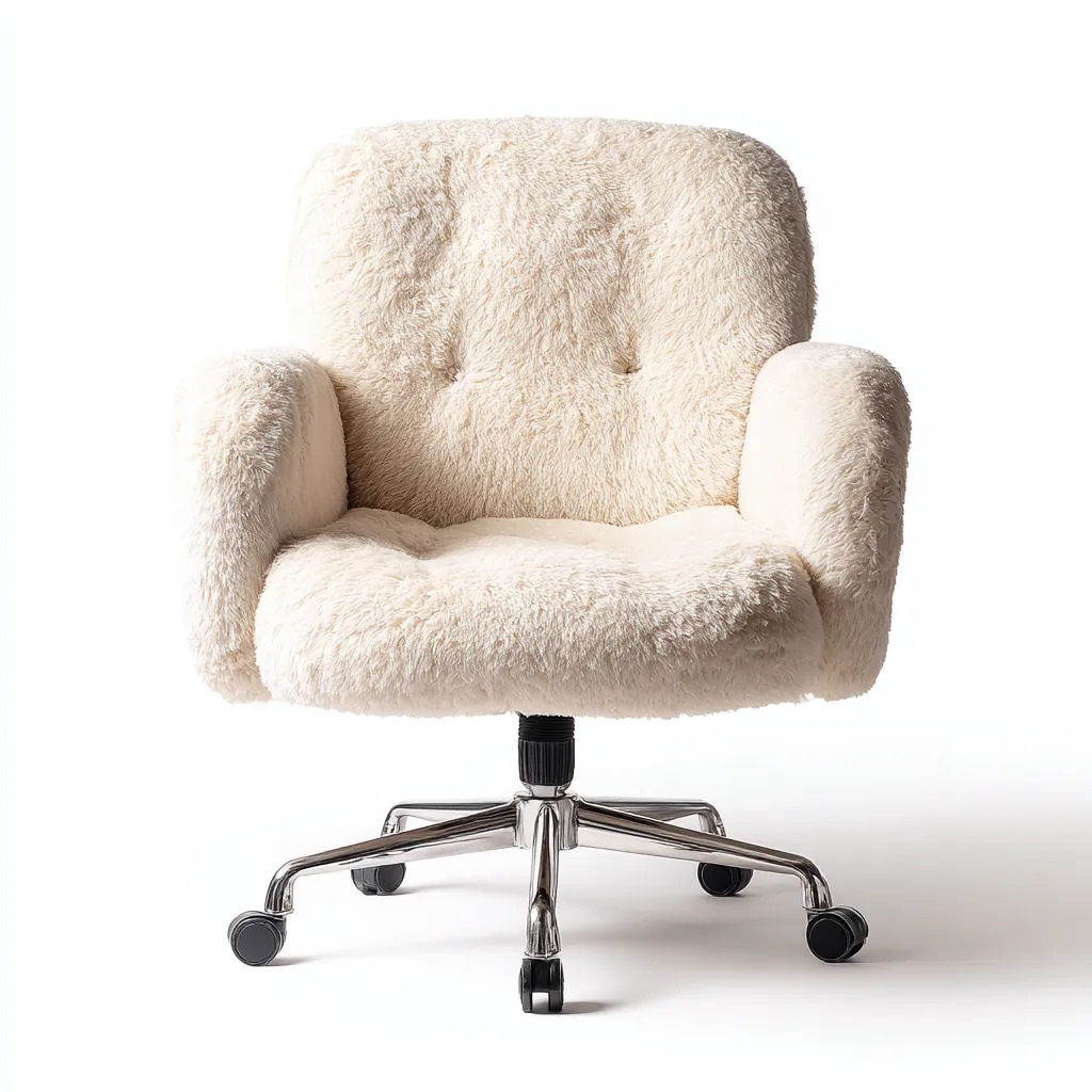 Bürostuhl Kunstfell 68x70x95 cm Creme/Chrom - Mit Armlehnen und Polsterung - Höhenverstellbar und drehbar - Gemütliches Design für Homeoffice oder Wohnzimmer-Villaare