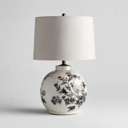 Tischlampe Keramik 54x32 cm Schwarz/Weiß - Florales Muster mit Stoffschirm - Für Wohnzimmer/Schlafzimmer - Klassisches Design-Villaare
