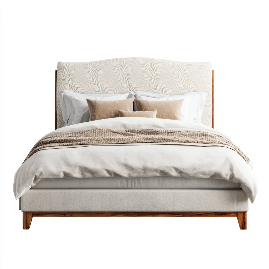 Doppelbett Stoff 200x180x100 cm - hellbeige - mit Holzfüßen und gewelltem Kopfteil im modernen Design für Schlafzimmer-Villaare