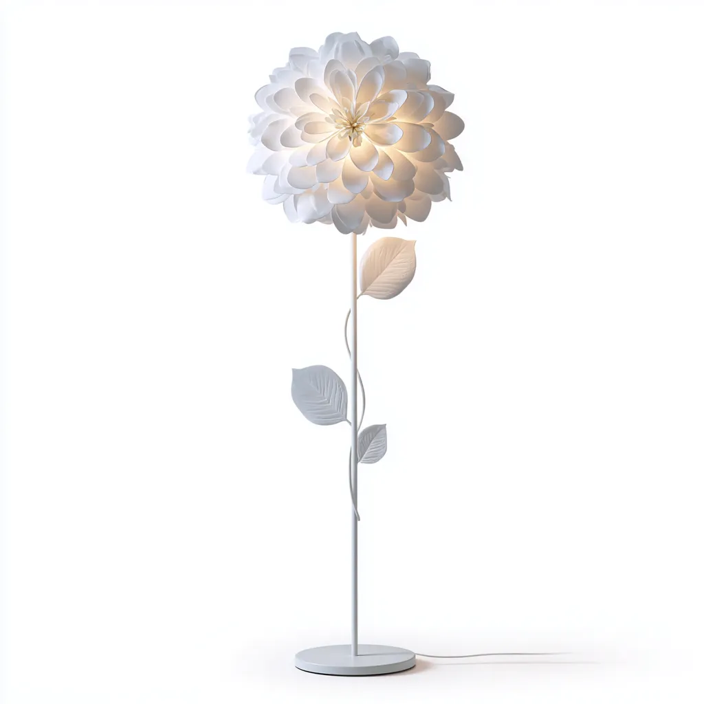 Stehlampe aus Metall und Kunststoff 45x35x160 cm - weiß - florales Design mit Blüten-Lampenschirm