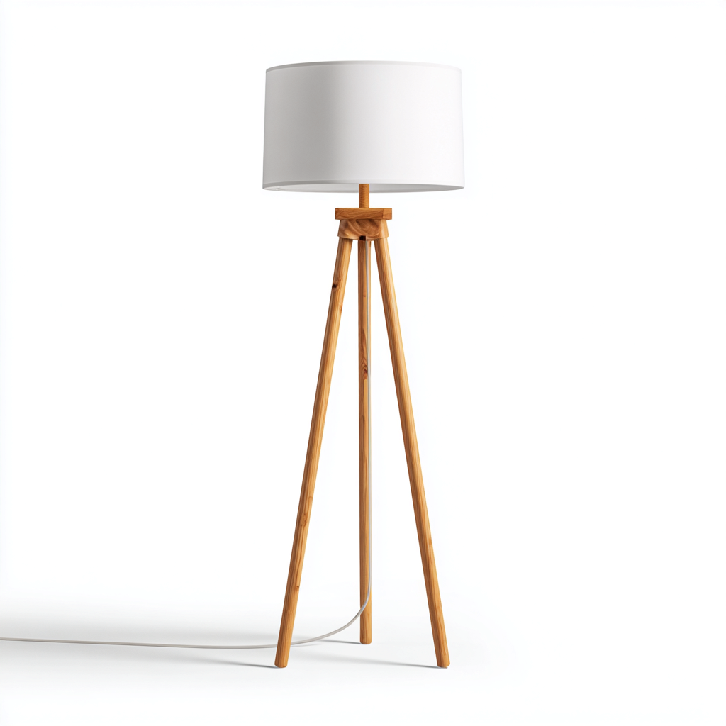 Stehlampe aus Holz und Stoff 45x45x155 cm - natur-weiß - skandinavisches Design mit Dreibein-Gestell