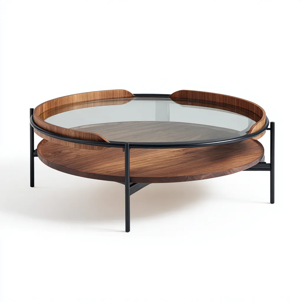 Couchtisch Glas Holz Metall 90x90x45 cm - transparent-walnuss-schwarz - modern - mit Ablageboden