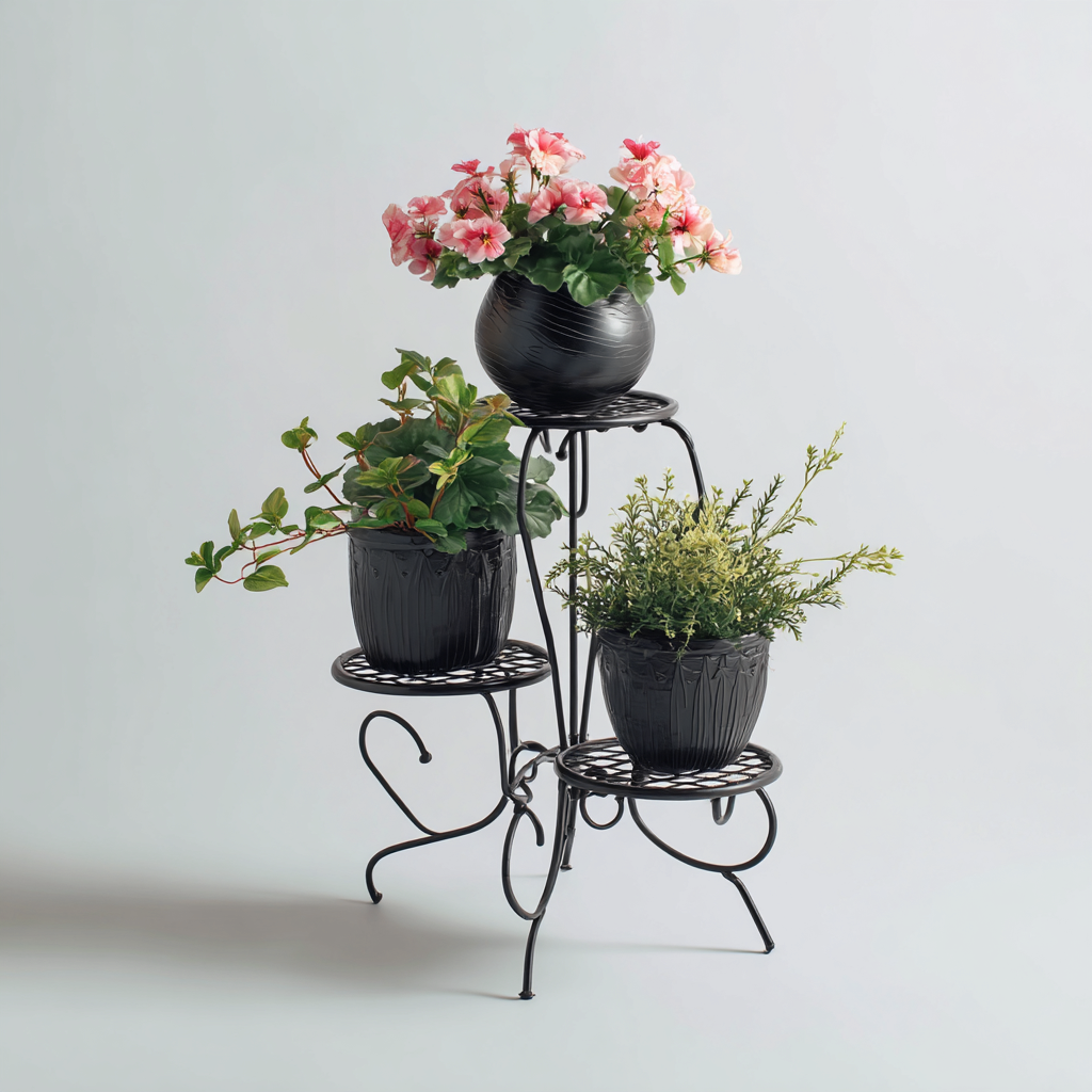 Pflanzenregal Metall 45x35x70 cm - schwarz - 3-stufiges Design mit geschwungenen Beinen