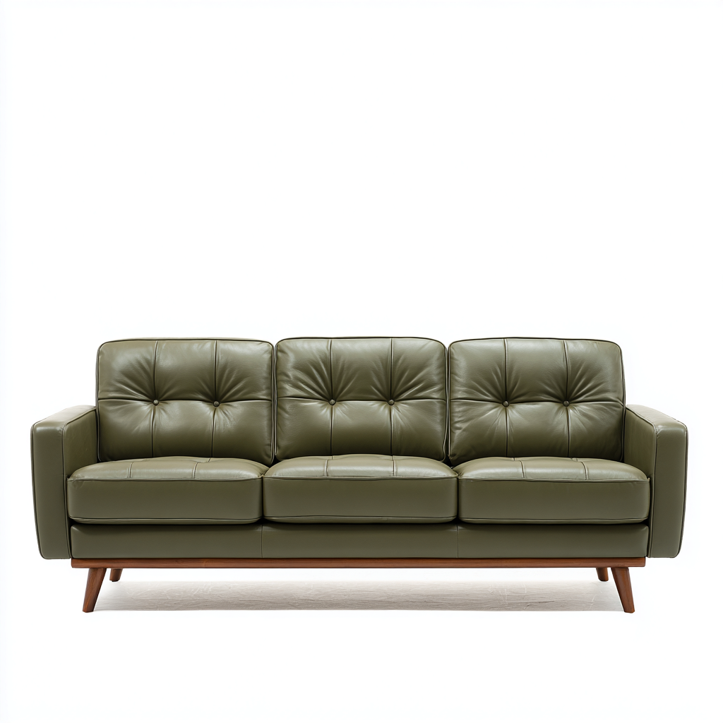 Dreisitzer Sofa Echtleder 215x85x80 cm - olivgrün - modernes Design mit Holzfüßen