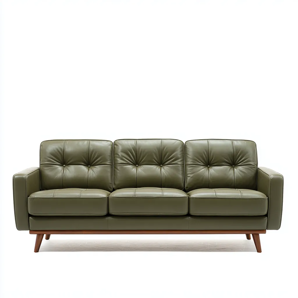 Dreisitzer Sofa Echtleder 215x85x80 cm - olivgrün - modernes Design mit Holzfüßen