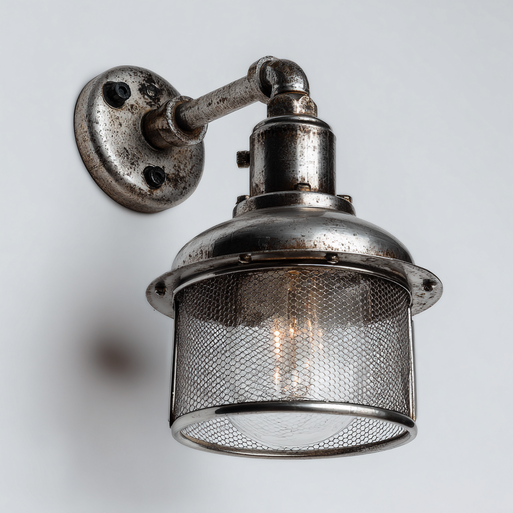 Wandleuchte Metall 18x15x27 cm - antiksilber - industrielles Design mit Schutzgitter