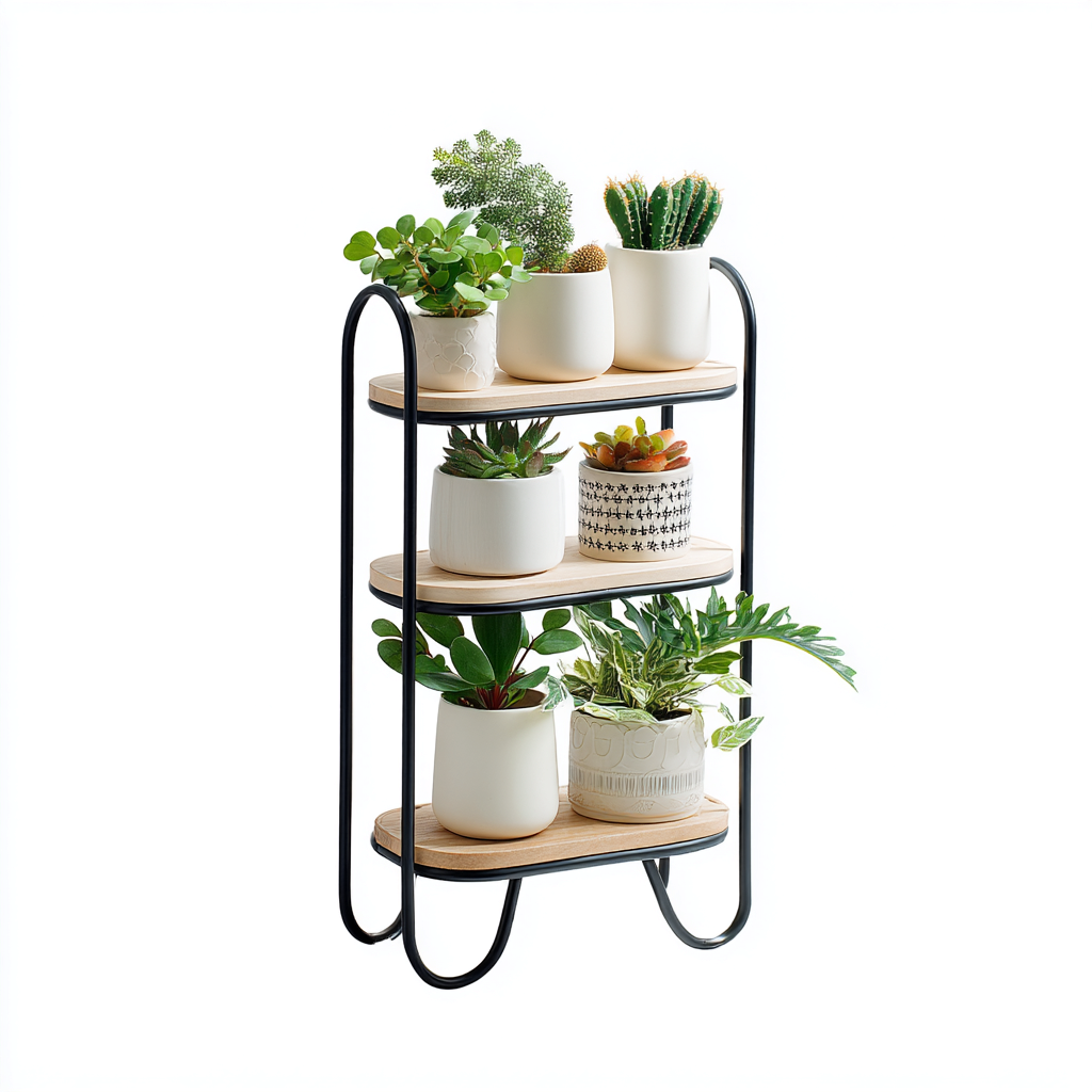 Pflanzenregal Holz Metall 45x25x70 cm - natur-schwarz - modernes Design - 3 Ebenen