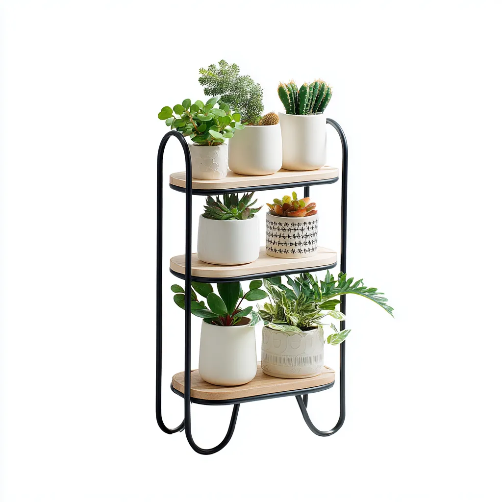 Pflanzenregal Holz Metall 45x25x70 cm - natur-schwarz - modernes Design - 3 Ebenen