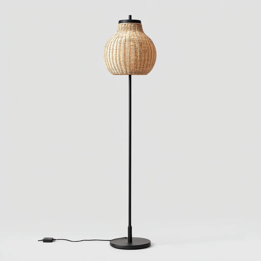 Stehlampe Metall-Rattan 38x38x155 cm - schwarz-natur - modernes Design mit geflochtenem Lampenschirm