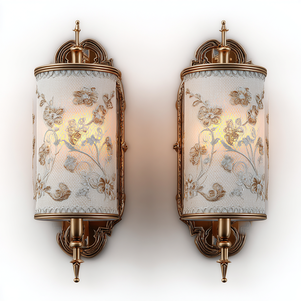 Wandlampe Metall-Textil 18x22x32 cm - gold-weiß - klassisches Design mit floraler Stickerei