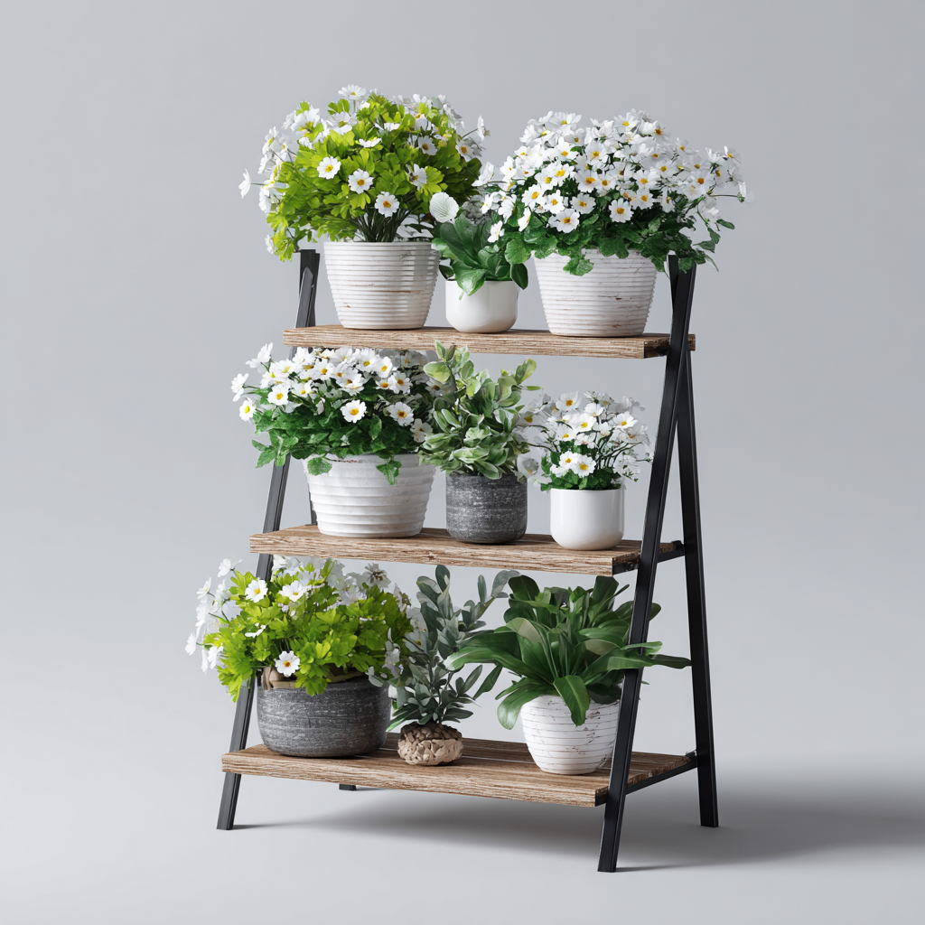 Pflanzenregal Holz-Metall 60x35x90 cm - schwarz-braun - 3-stufiges Design für Innenbereich
