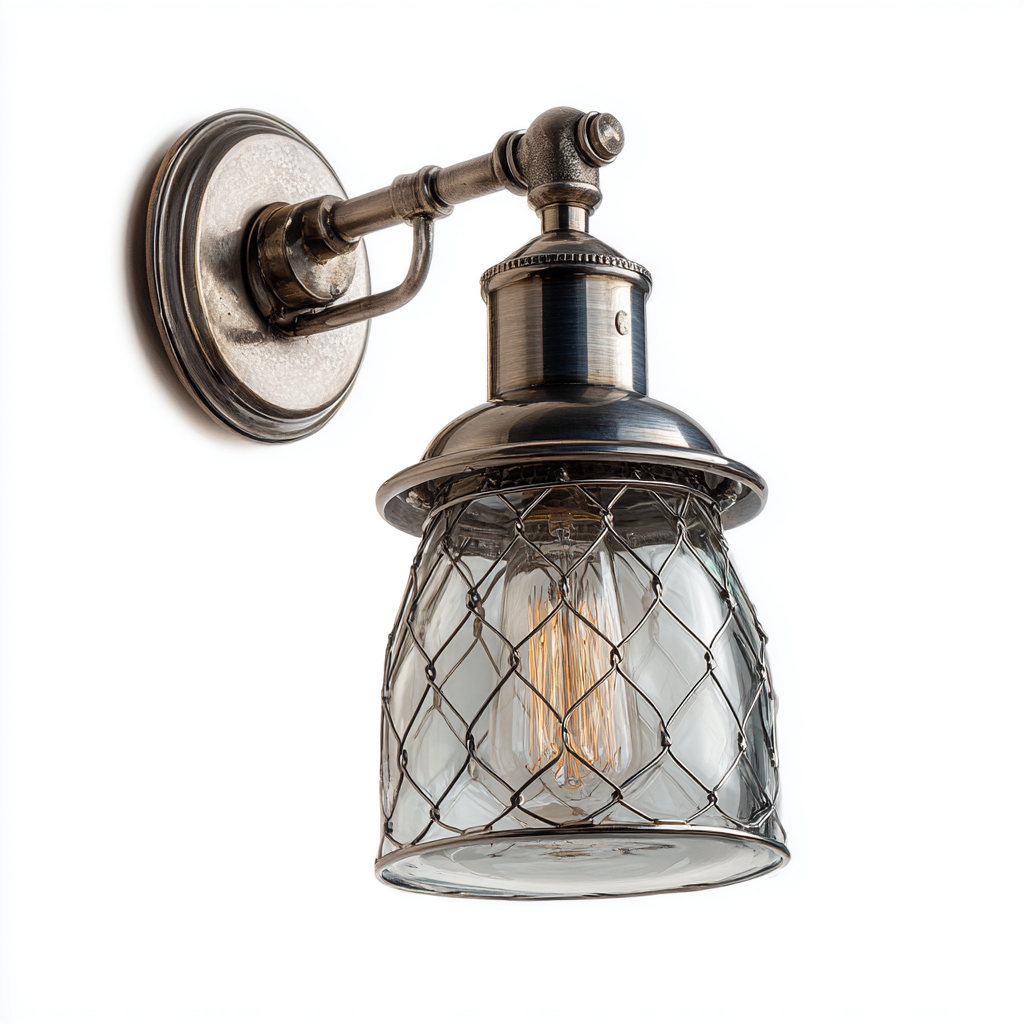 Wandleuchte aus Metall und Glas 20x18x28 cm - silber - industrielles Vintage-Design mit Gitterglas-Schirm