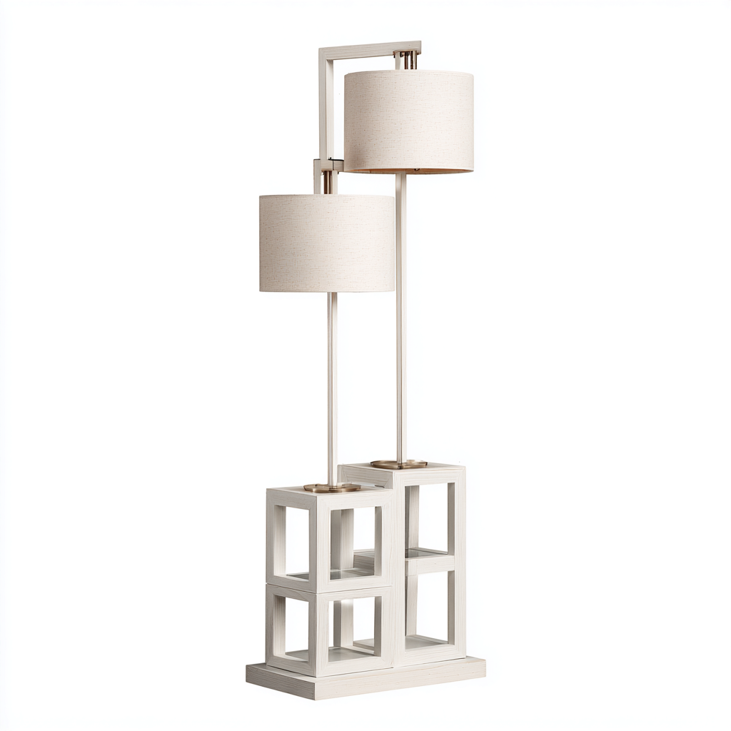 Stehlampe Holz-Textil 40x40x160 cm - weiß-beige - modernes Design mit zwei Lampenschirmen und Ablagefläche