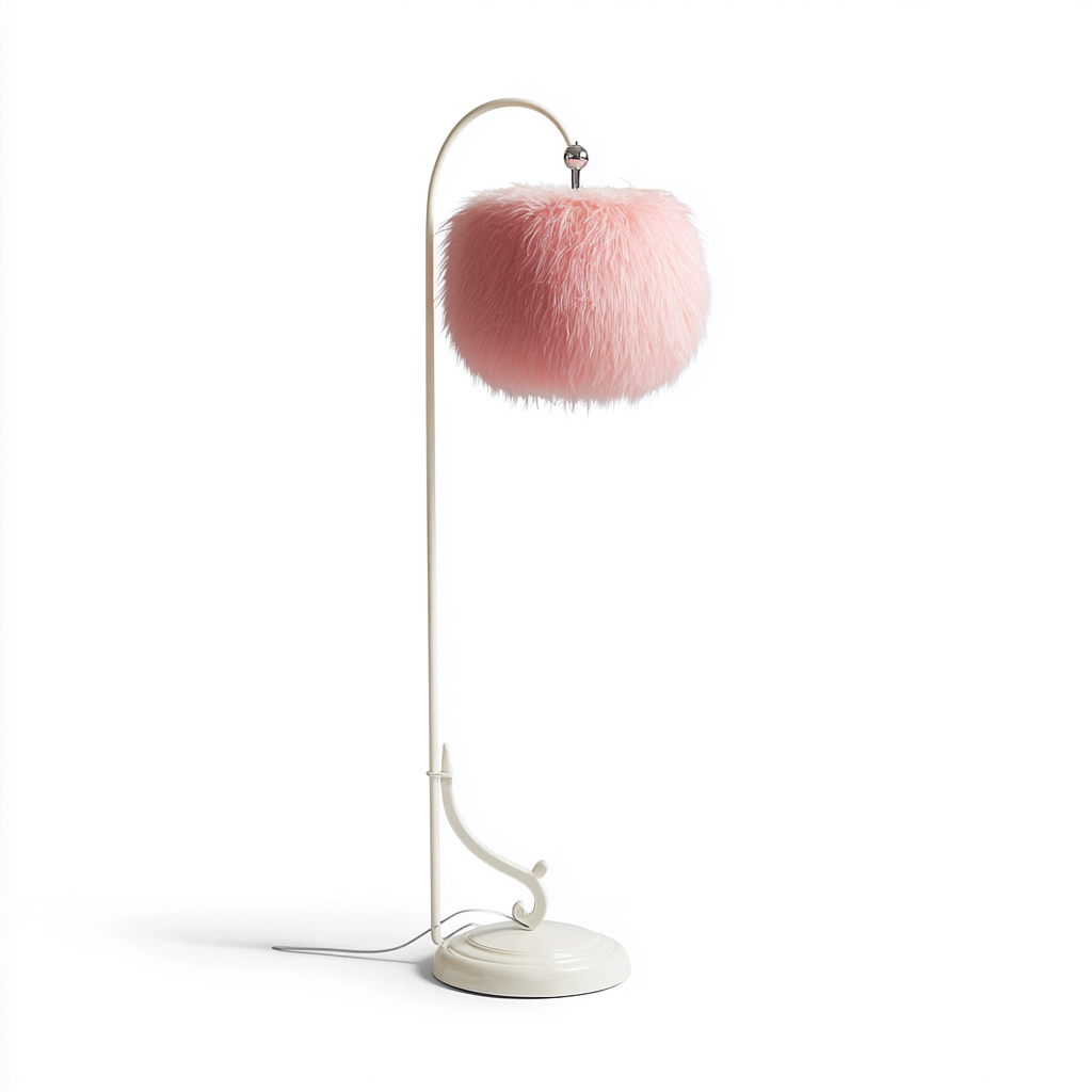 Stehlampe Metall-Kunstfell Weiß-Rosa - 32x32x155 cm - Verspieltes Design mit flauschigem Lampenschirm