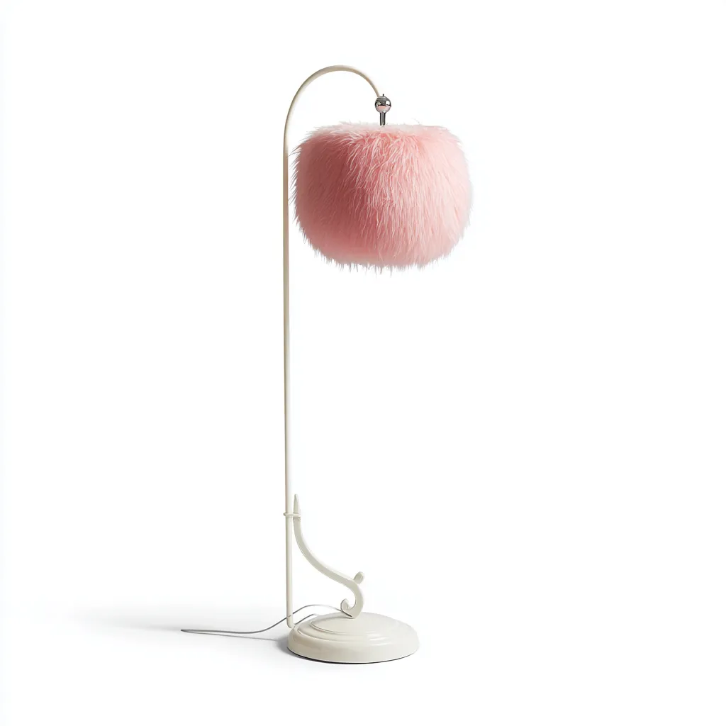 Stehlampe Metall-Kunstfell Weiß-Rosa - 32x32x155 cm - Verspieltes Design mit flauschigem Lampenschirm