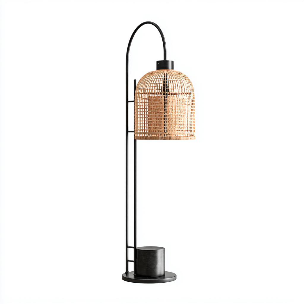Stehlampe aus Metall und Rattan 40x30x150 cm - schwarz-natur - skandinavisches Design mit rundem Lampenschirm
