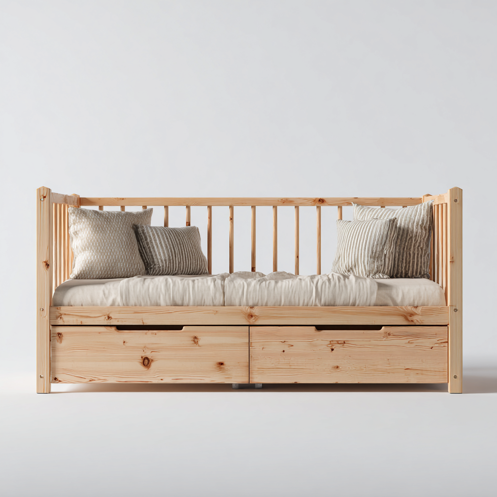 Schlafsofa Massivholz 200x90x85 cm - Natur - mit 2 Schubladen und Gitterseiten im skandinavischen Stil