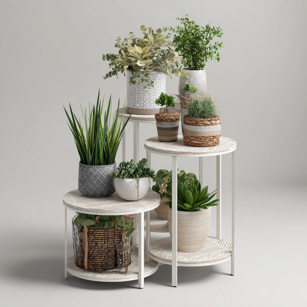 Pflanzenregal Set Metall 50x50x70 cm - Weiß - Rundes 3er-Set im modernen Design