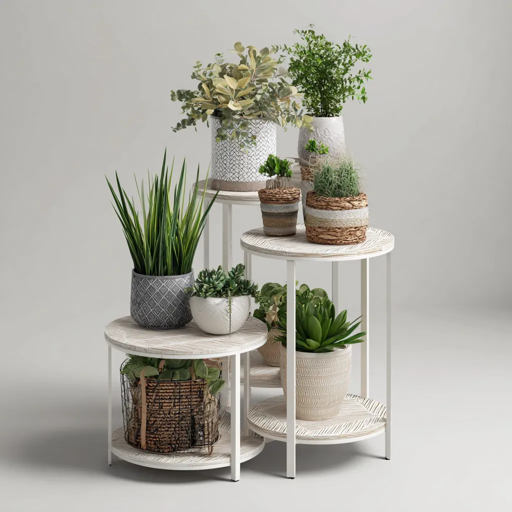 Pflanzenregal Set Metall 50x50x70 cm - Weiß - Rundes 3er-Set im modernen Design